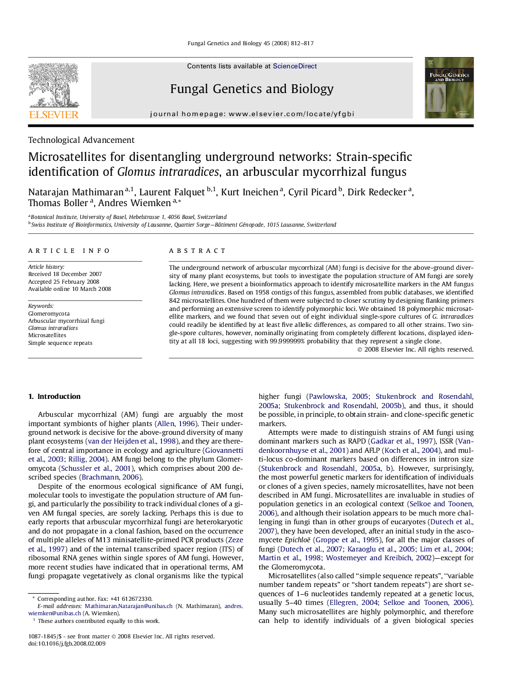 Microsatellites for disentangling underground networks: Strain-specific identification of Glomus intraradices, an arbuscular mycorrhizal fungus