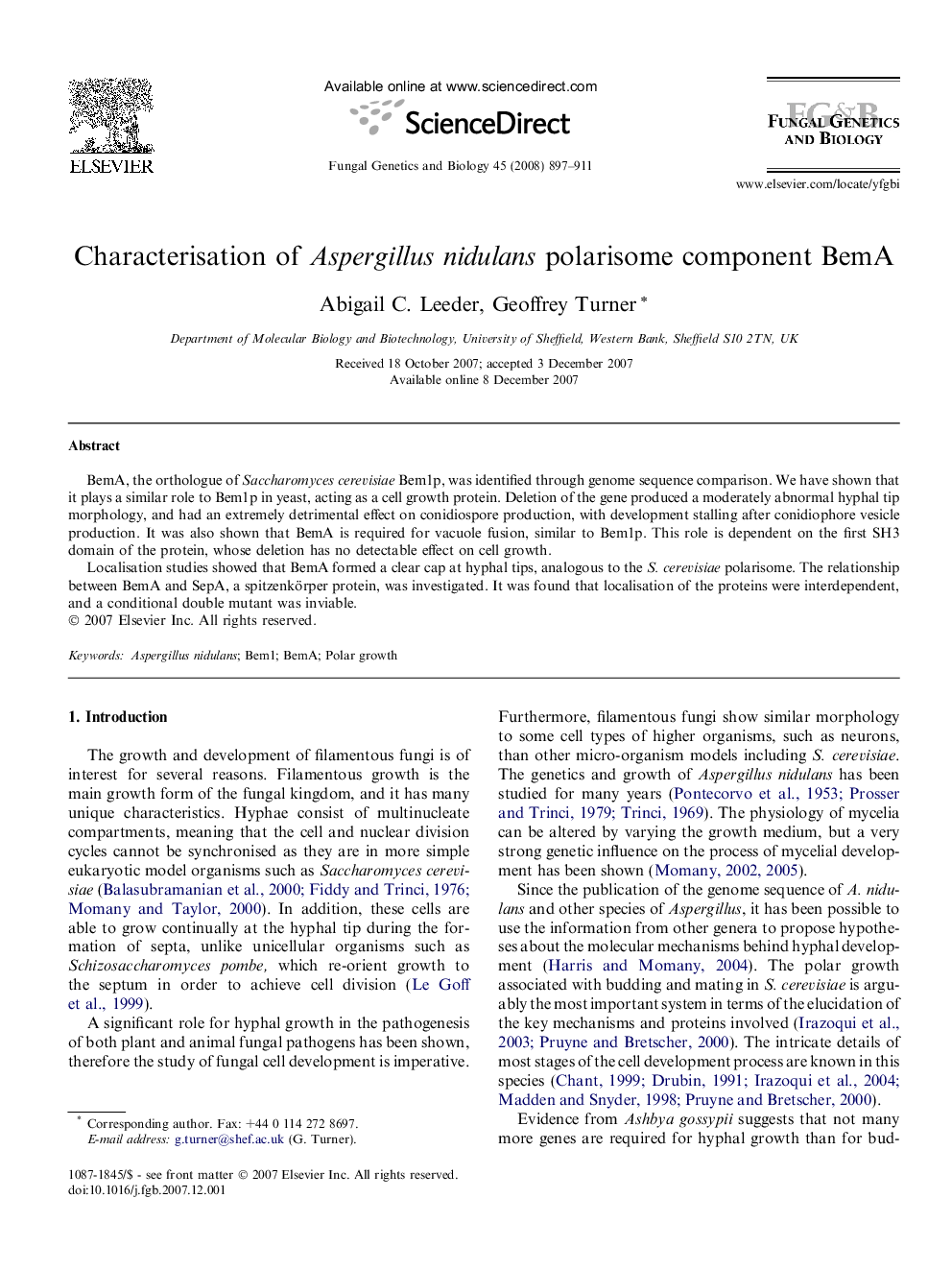 Characterisation of Aspergillus nidulans polarisome component BemA