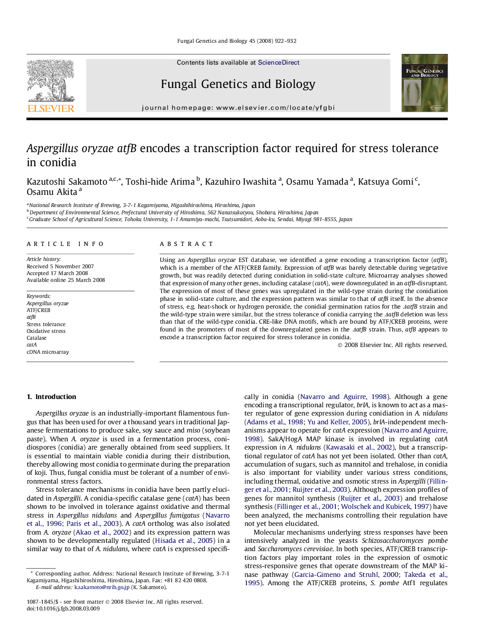 Aspergillus oryzae atfB encodes a transcription factor required for stress tolerance in conidia