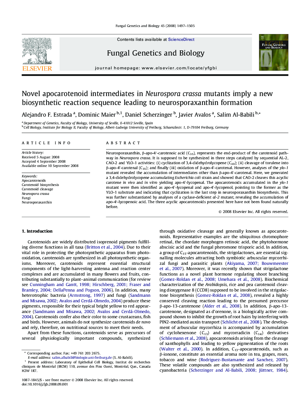 Novel apocarotenoid intermediates in Neurospora crassa mutants imply a new biosynthetic reaction sequence leading to neurosporaxanthin formation