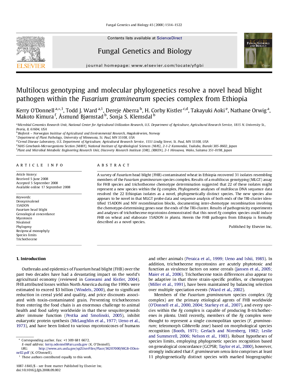Multilocus genotyping and molecular phylogenetics resolve a novel head blight pathogen within the Fusarium graminearum species complex from Ethiopia
