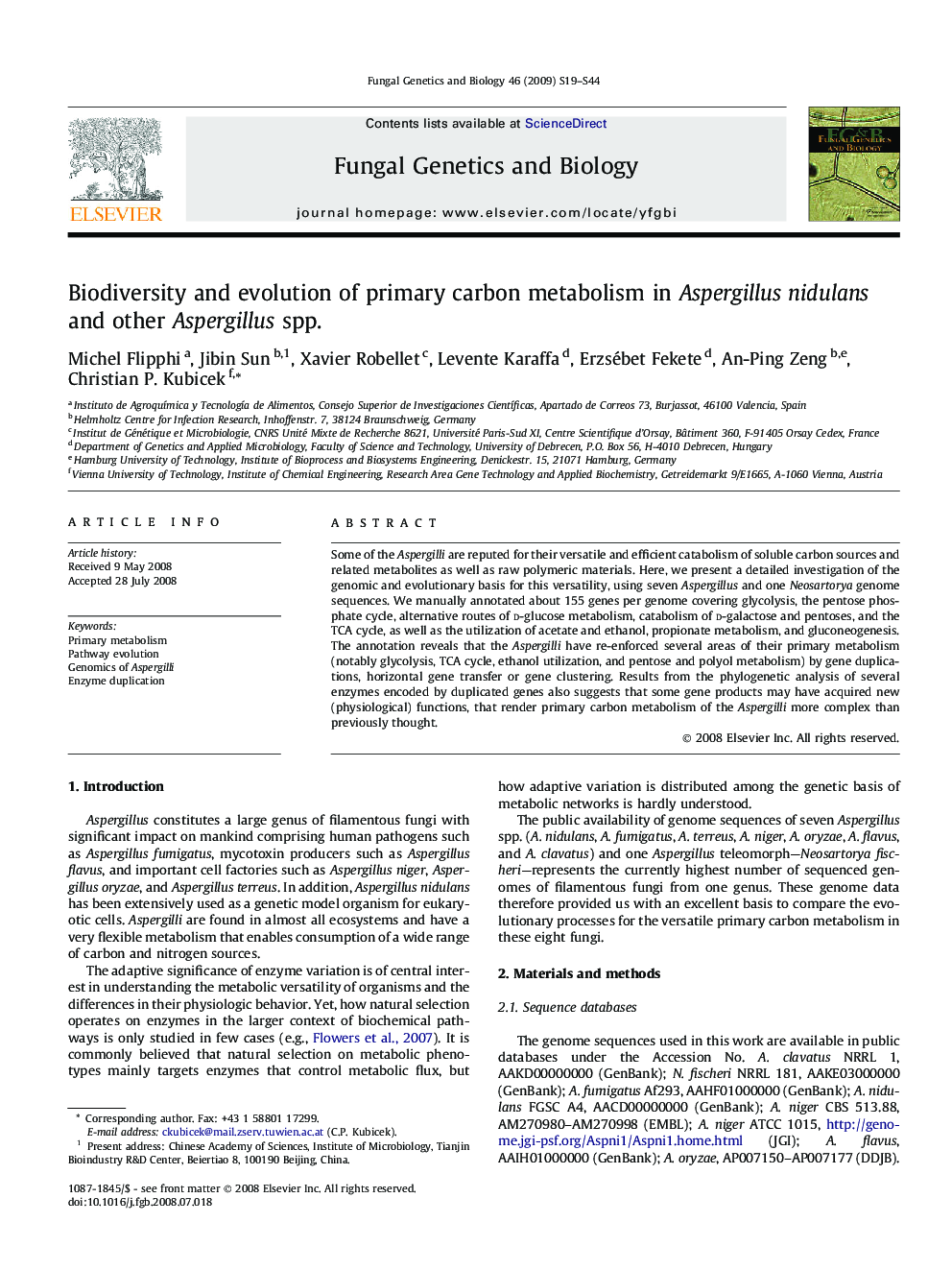 Biodiversity and evolution of primary carbon metabolism in Aspergillus nidulans and other Aspergillus spp.