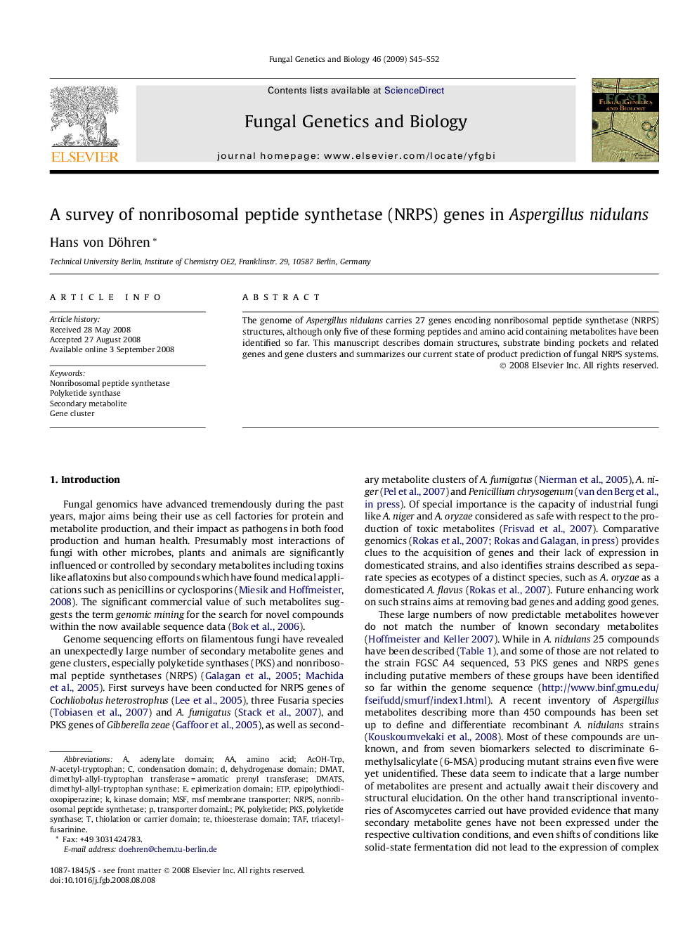 A survey of nonribosomal peptide synthetase (NRPS) genes in Aspergillus nidulans