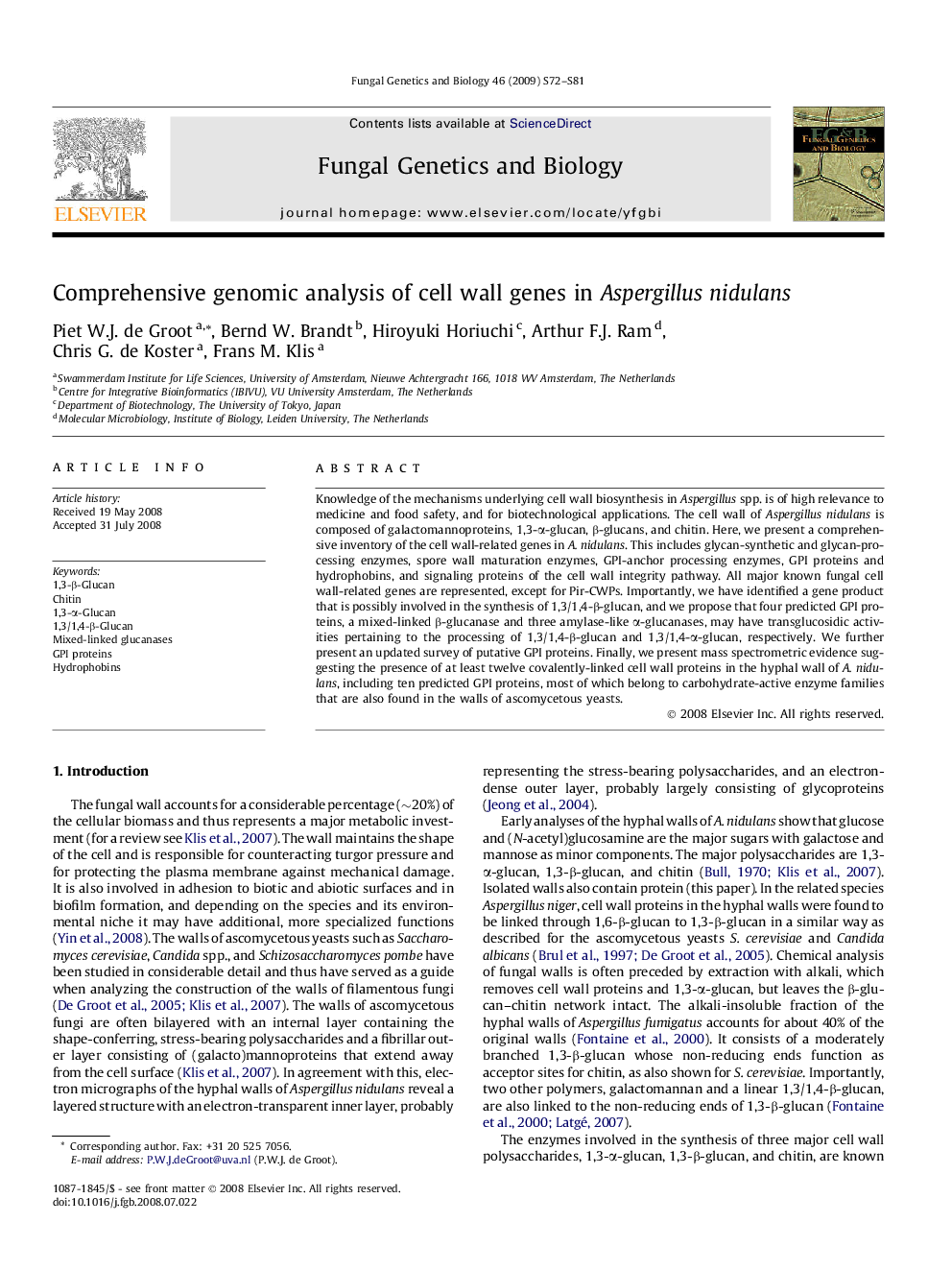 Comprehensive genomic analysis of cell wall genes in Aspergillus nidulans