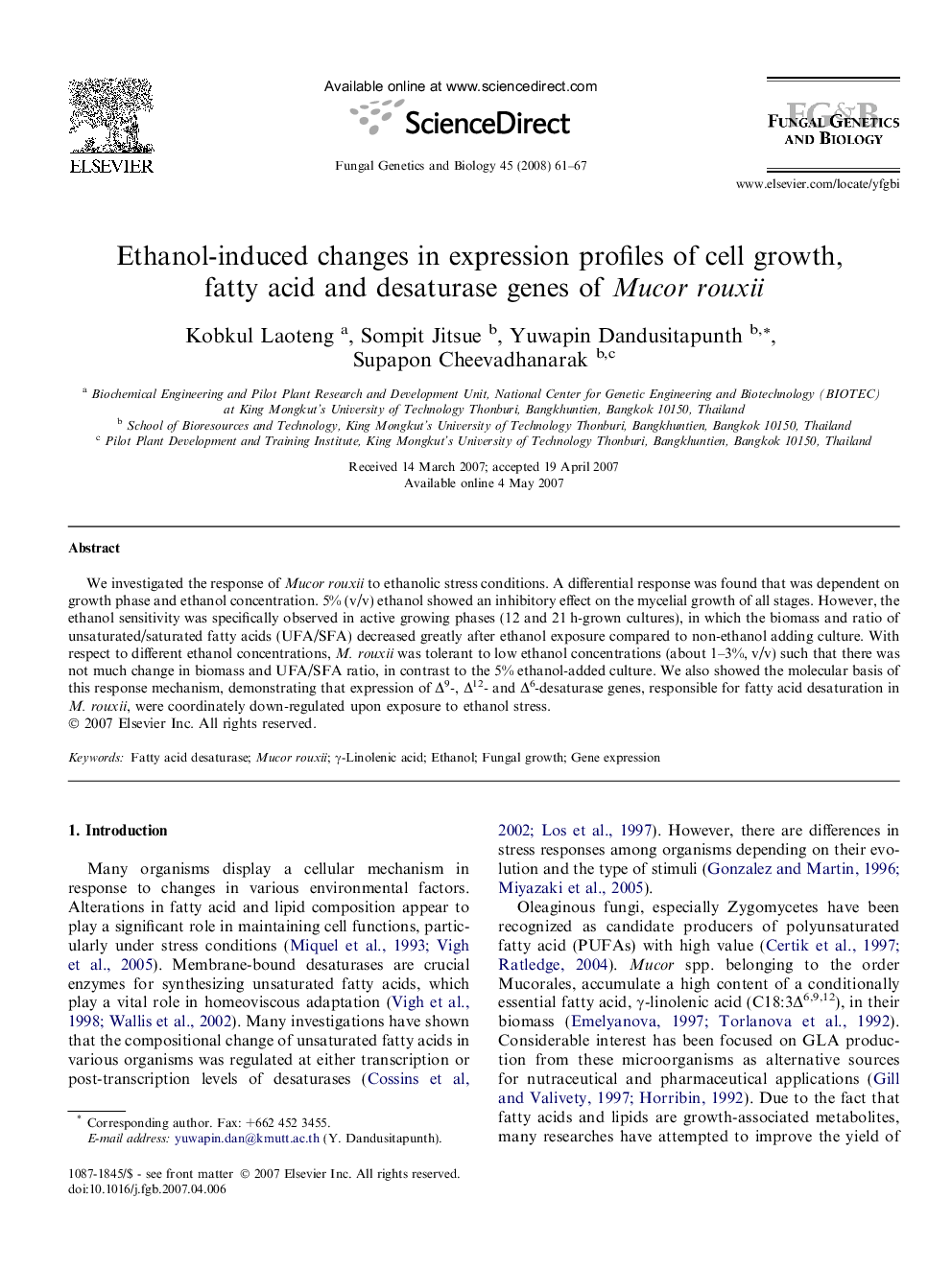 Ethanol-induced changes in expression profiles of cell growth, fatty acid and desaturase genes of Mucor rouxii