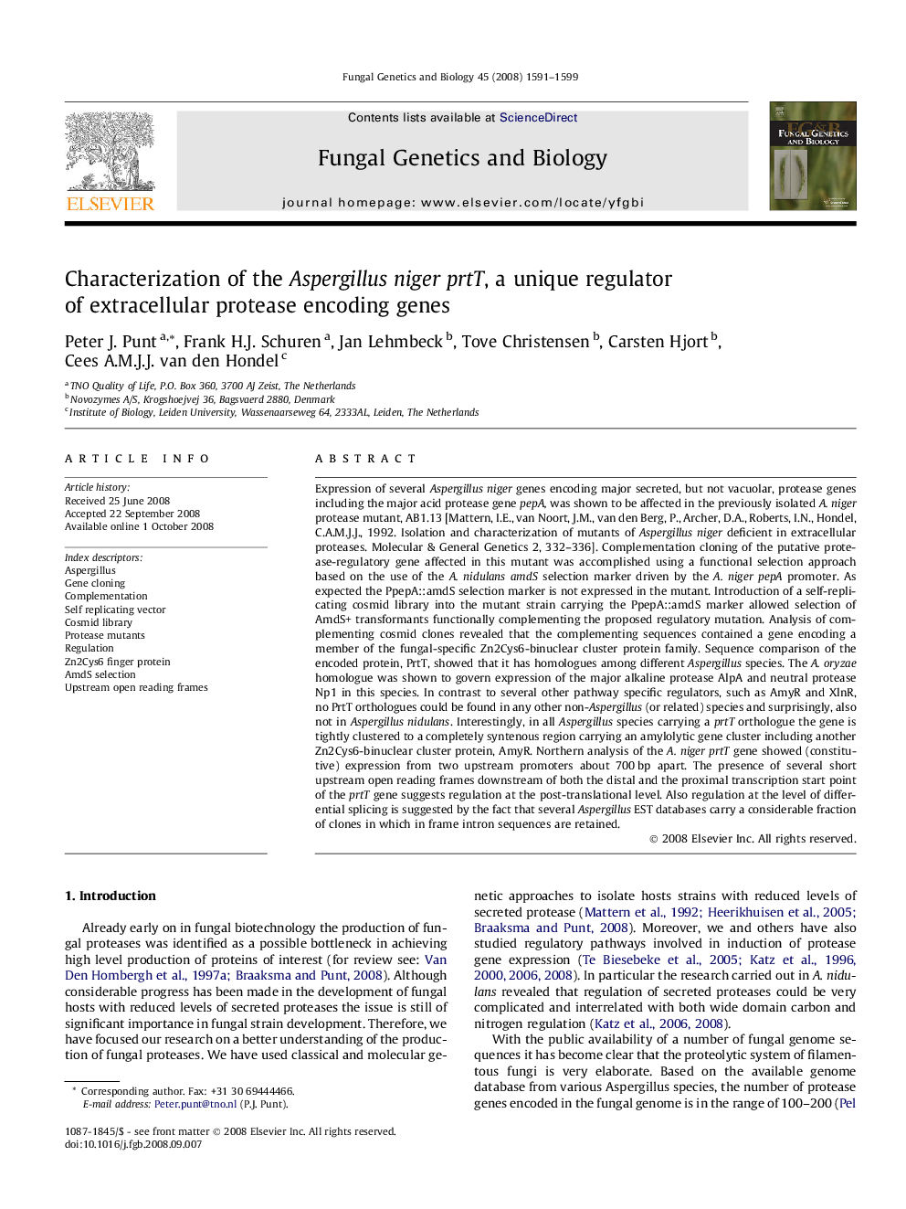 Characterization of the Aspergillus niger prtT, a unique regulator of extracellular protease encoding genes