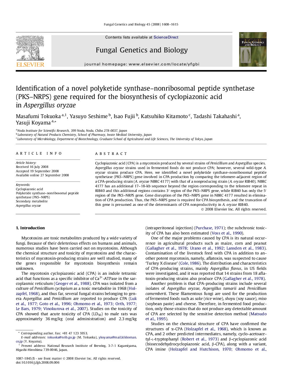 Identification of a novel polyketide synthase–nonribosomal peptide synthetase (PKS–NRPS) gene required for the biosynthesis of cyclopiazonic acid in Aspergillus oryzae