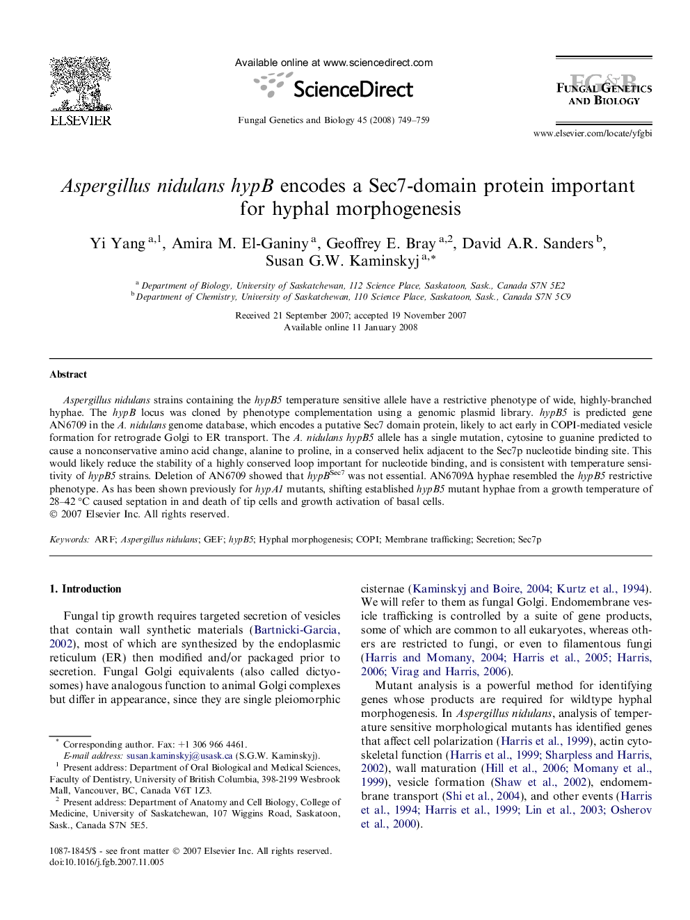 Aspergillus nidulans hypB encodes a Sec7-domain protein important for hyphal morphogenesis