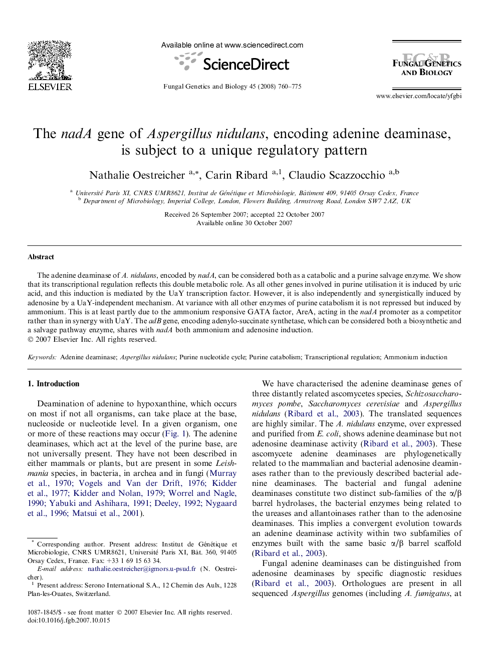 The nadA gene of Aspergillus nidulans, encoding adenine deaminase, is subject to a unique regulatory pattern