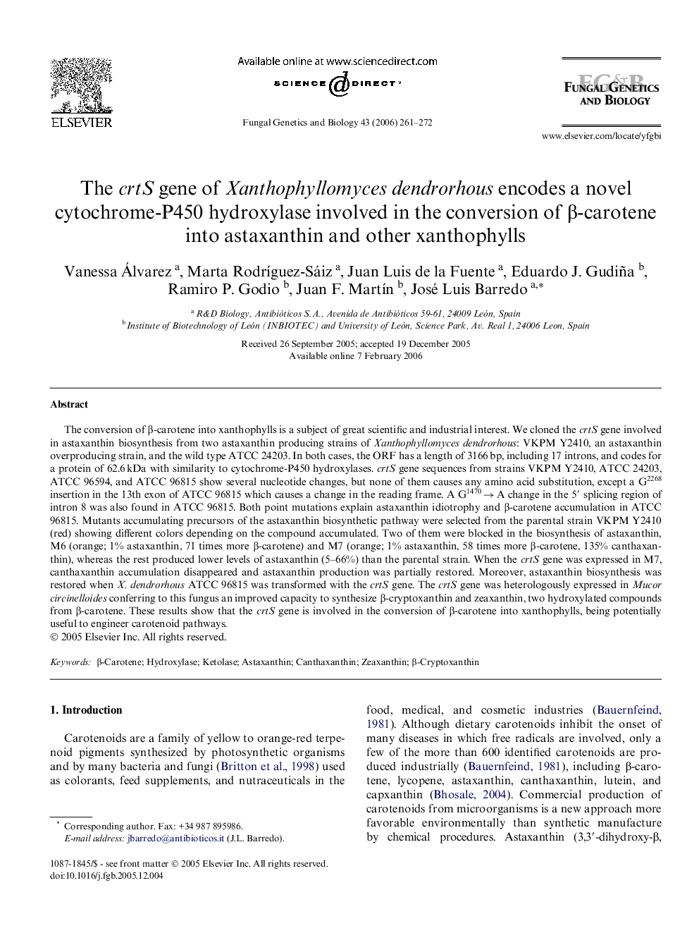 The crtS gene of Xanthophyllomyces dendrorhous encodes a novel cytochrome-P450 hydroxylase involved in the conversion of β-carotene into astaxanthin and other xanthophylls