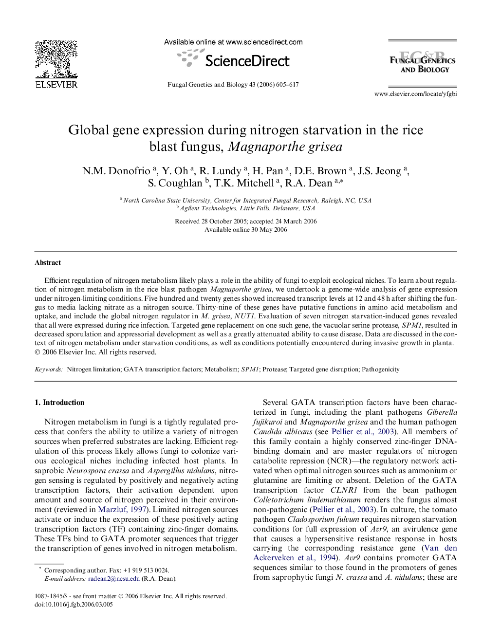 Global gene expression during nitrogen starvation in the rice blast fungus, Magnaporthe grisea