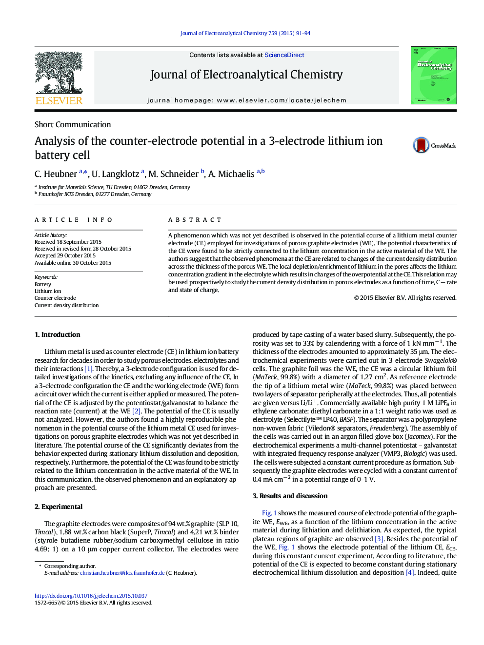 Analysis of the counter-electrode potential in a 3-electrode lithium ion battery cell