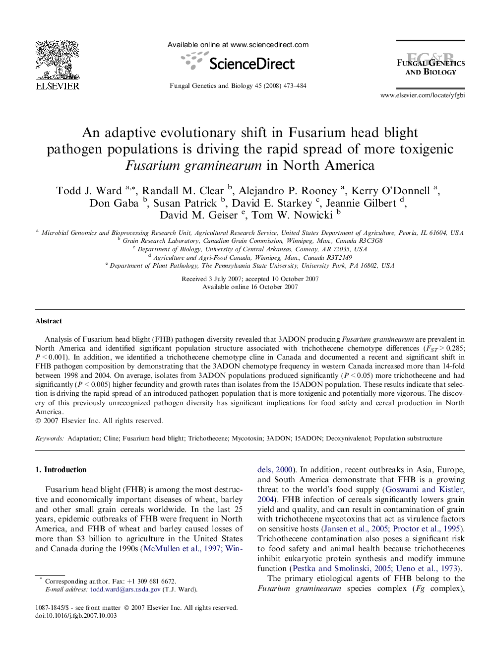 عکس صفحه اول مقاله: An adaptive evolutionary shift in Fusarium head blight pathogen populations is driving the rapid spread of more toxigenic Fusarium graminearum in North America An adaptive evolutionary shift in Fusarium head blight pathogen populations is driving the rapid spread of more toxigenic Fusarium graminearum in North America
