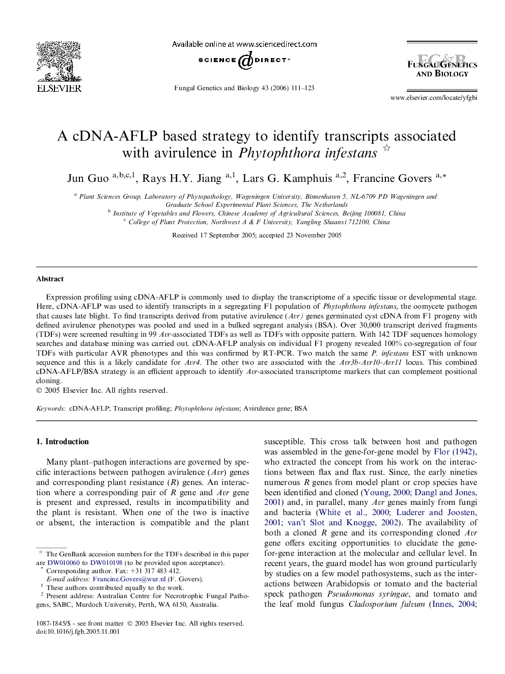 A cDNA-AFLP based strategy to identify transcripts associated with avirulence in Phytophthora infestans 