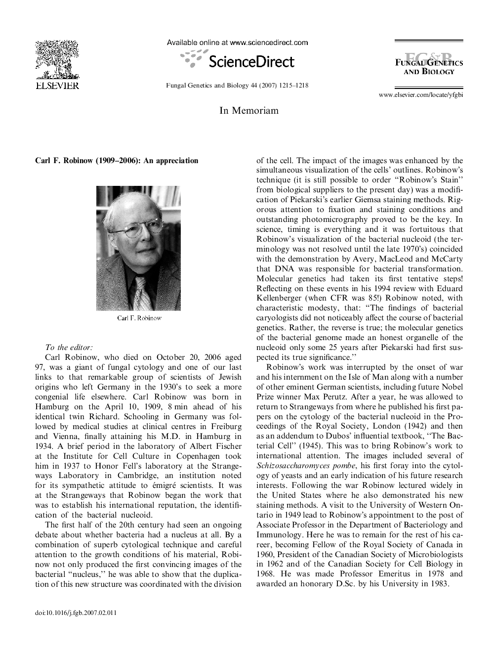 Carl F. Robinow (1909-2006): An appreciation