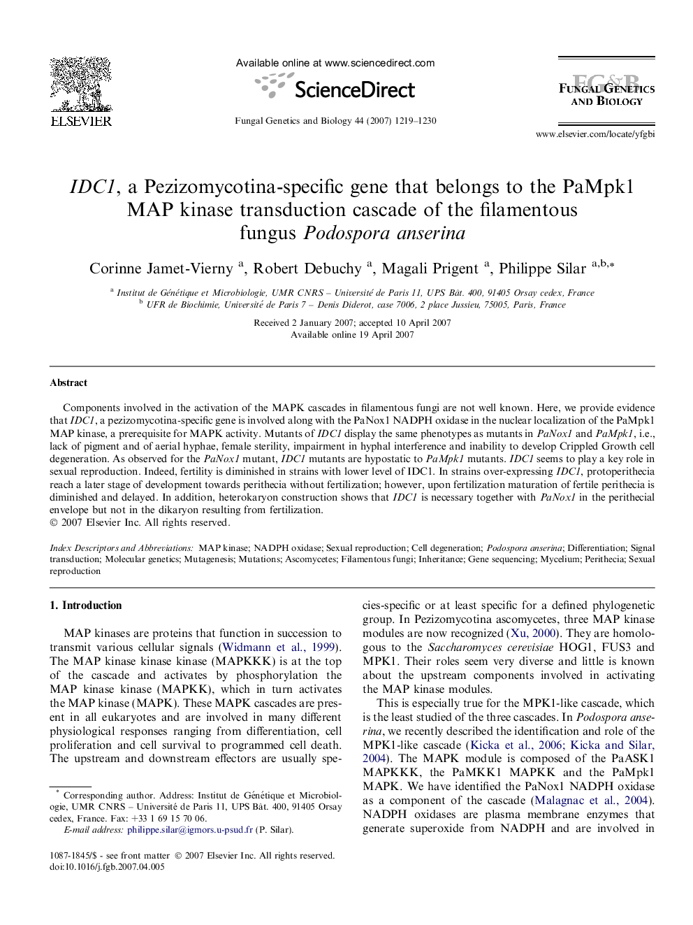 IDC1, a Pezizomycotina-specific gene that belongs to the PaMpk1 MAP kinase transduction cascade of the filamentous fungus Podospora anserina