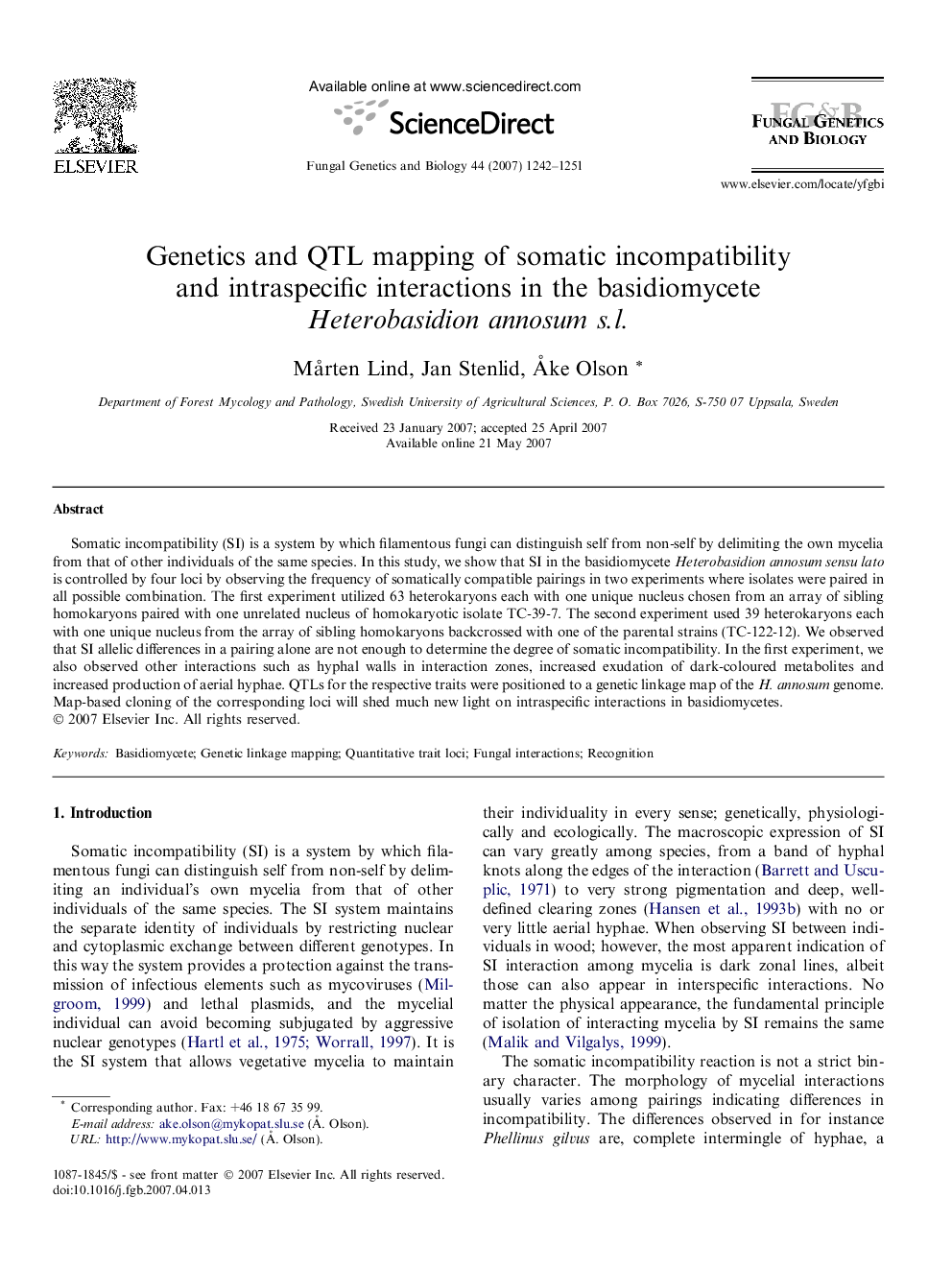 Genetics and QTL mapping of somatic incompatibility and intraspecific interactions in the basidiomycete Heterobasidion annosum s.l.