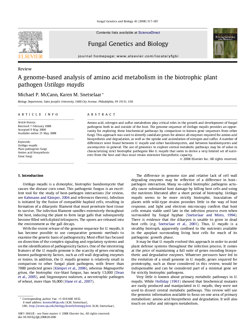 A genome-based analysis of amino acid metabolism in the biotrophic plant pathogen Ustilago maydis