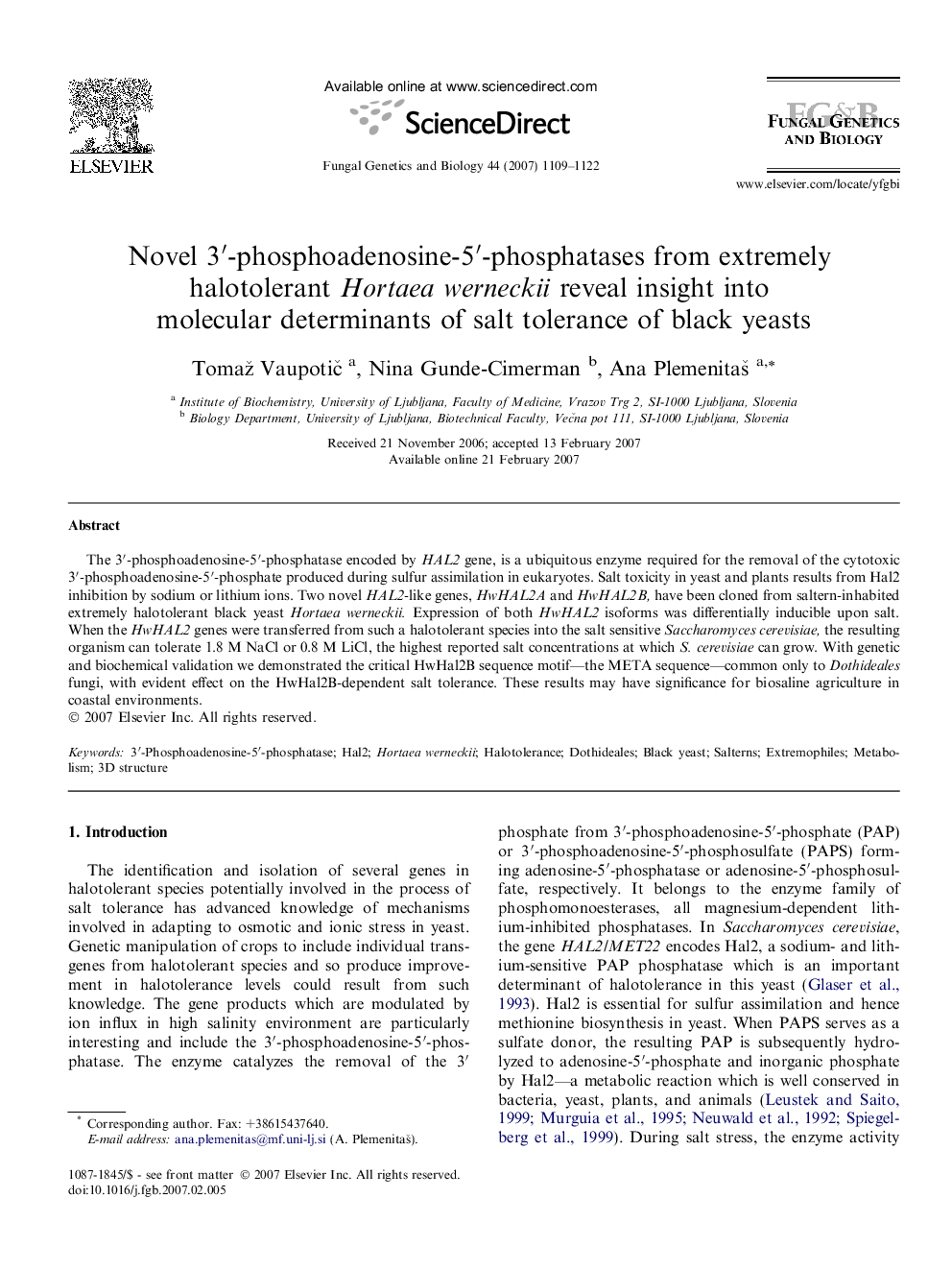 Novel 3′-phosphoadenosine-5′-phosphatases from extremely halotolerant Hortaea werneckii reveal insight into molecular determinants of salt tolerance of black yeasts