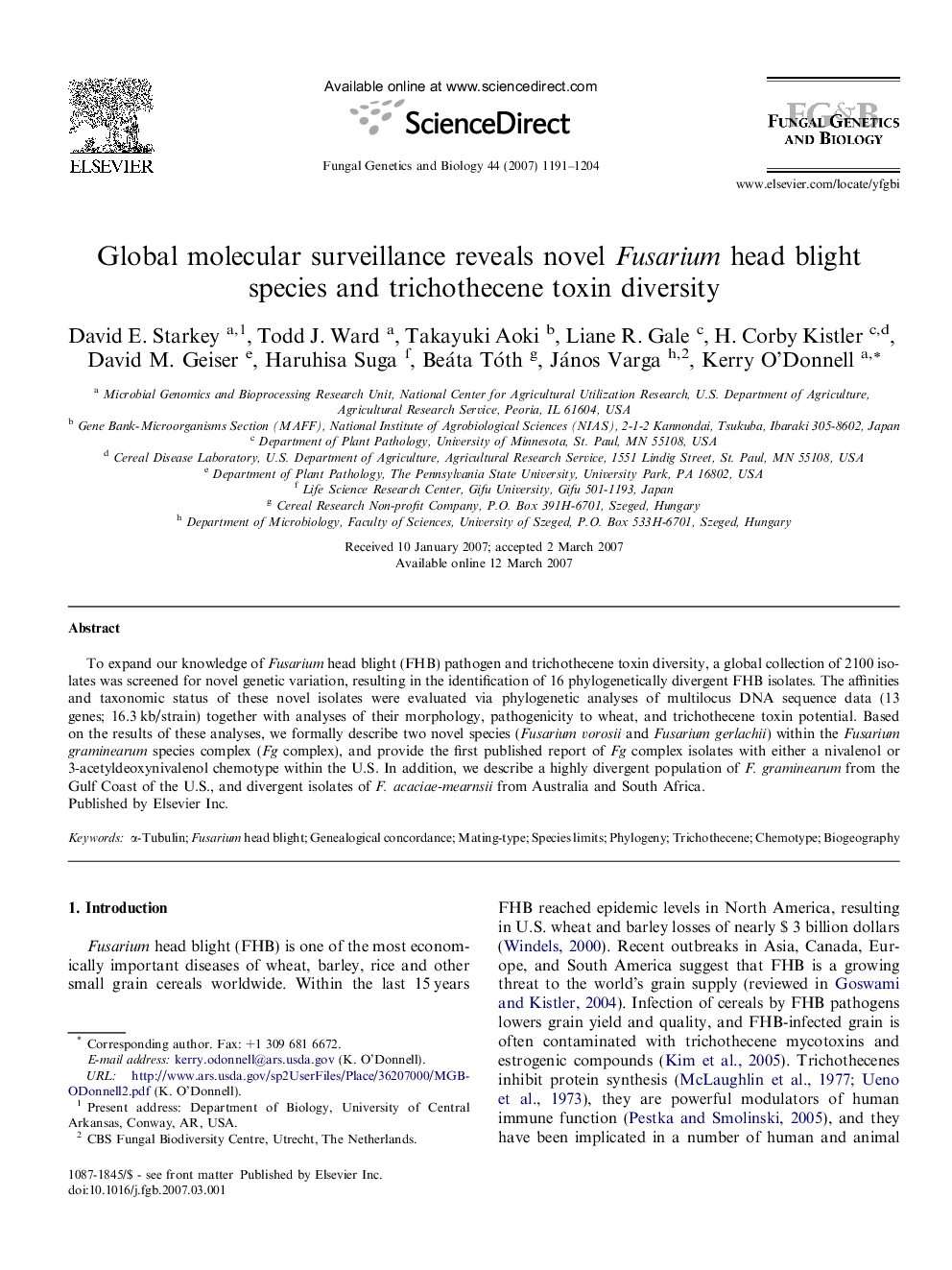 Global molecular surveillance reveals novel Fusarium head blight species and trichothecene toxin diversity