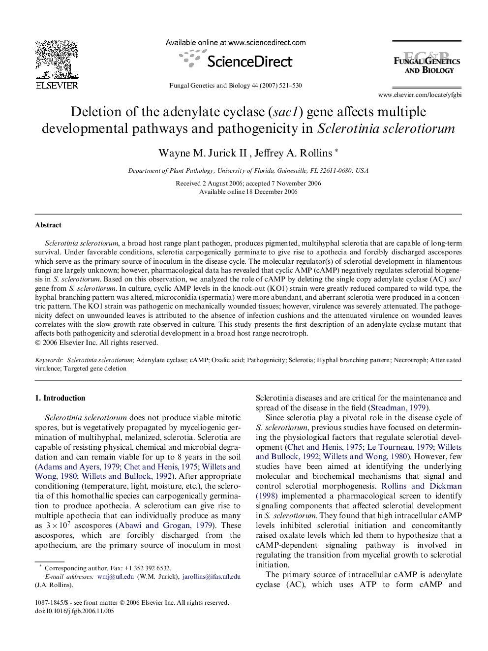 Deletion of the adenylate cyclase (sac1) gene affects multiple developmental pathways and pathogenicity in Sclerotinia sclerotiorum