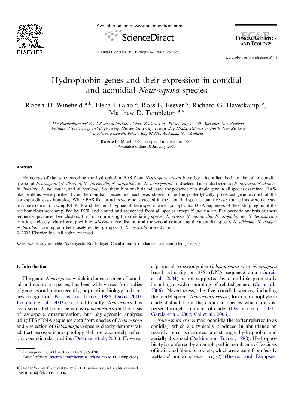 Hydrophobin genes and their expression in conidial and aconidial Neurospora species