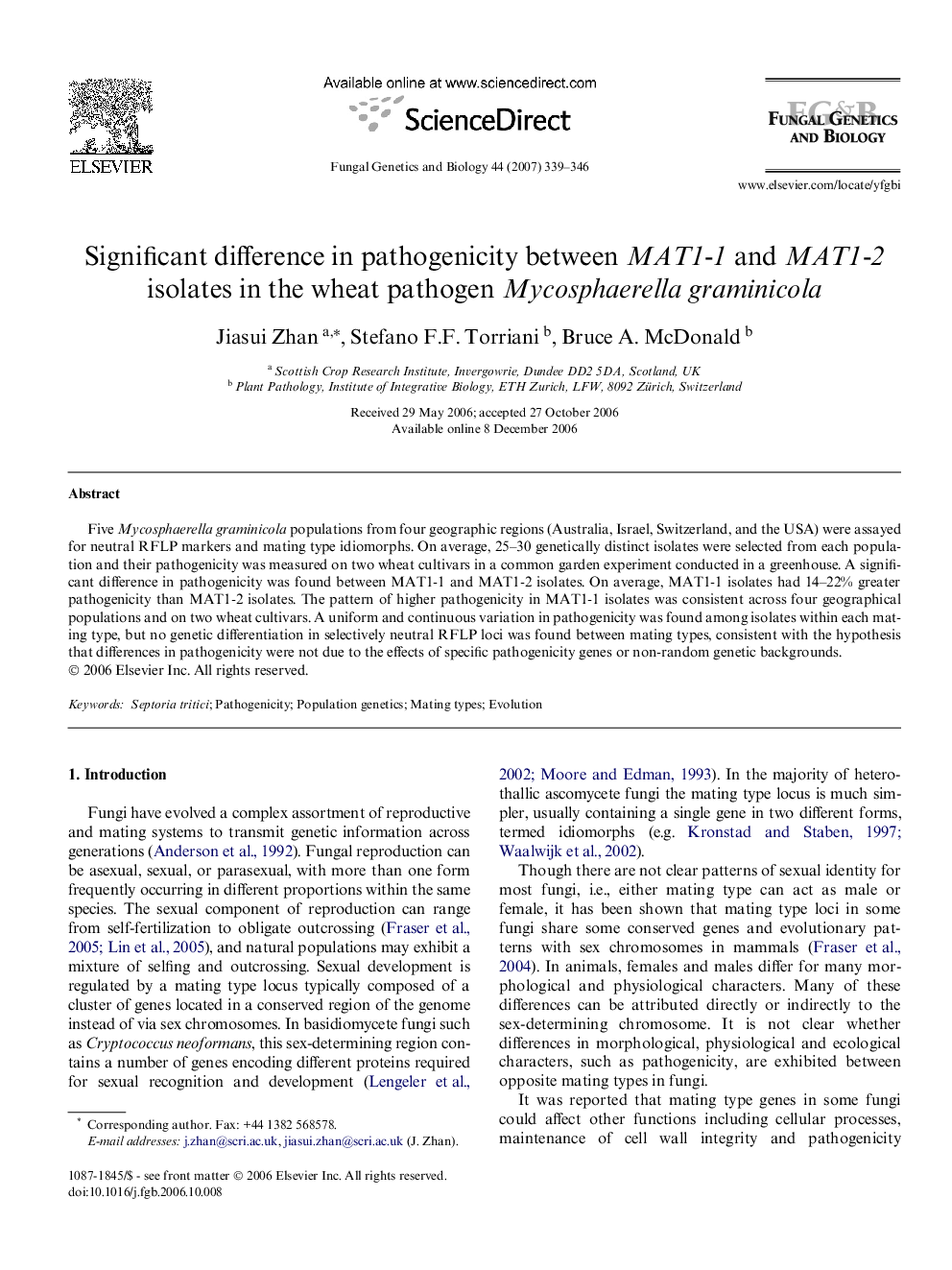 Significant difference in pathogenicity between MAT1-1 and MAT1-2 isolates in the wheat pathogen Mycosphaerella graminicola