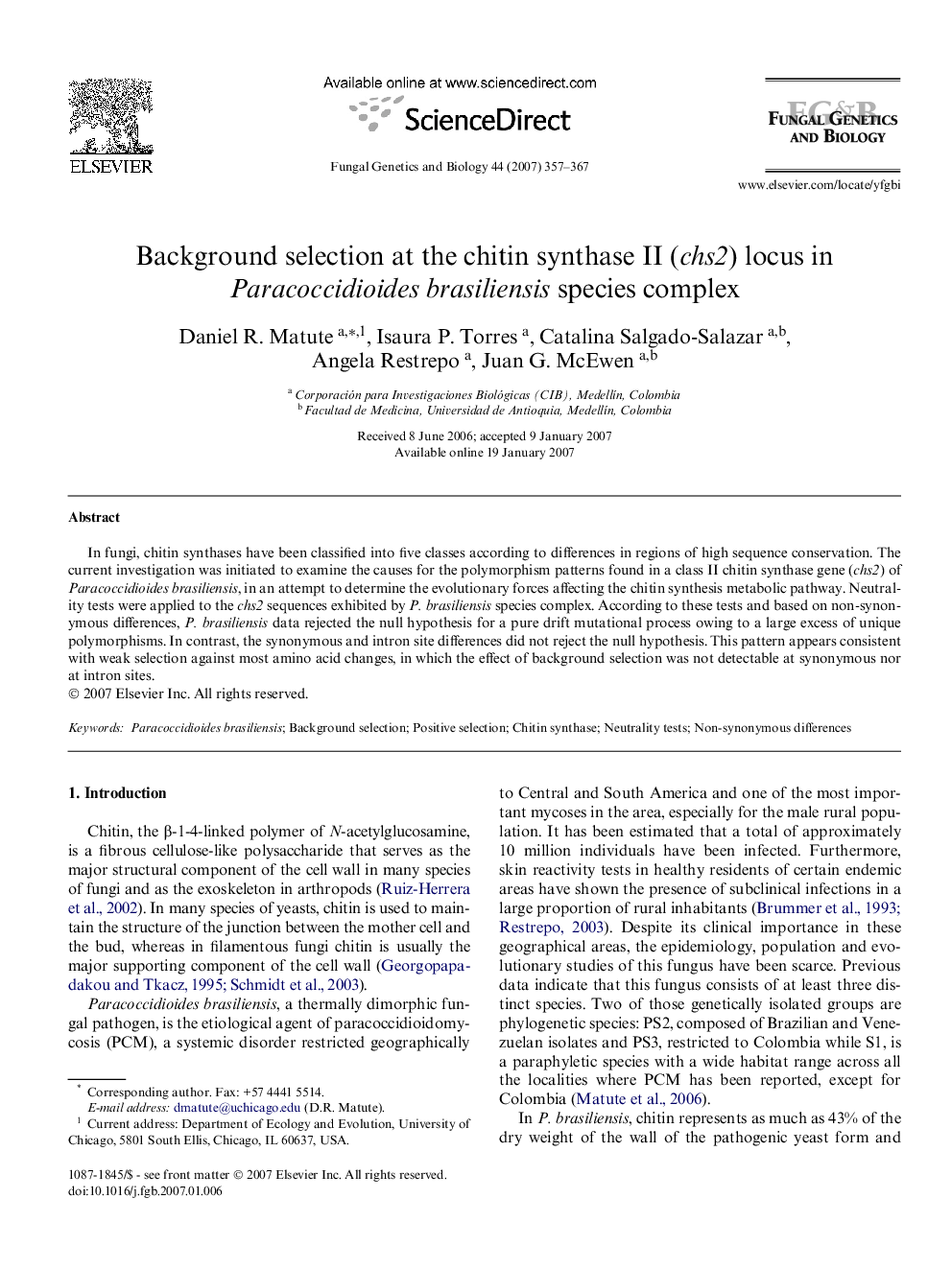 Background selection at the chitin synthase II (chs2) locus in Paracoccidioides brasiliensis species complex