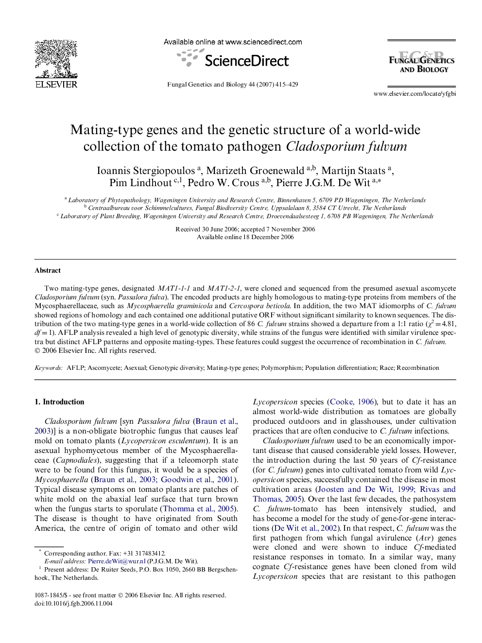 Mating-type genes and the genetic structure of a world-wide collection of the tomato pathogen Cladosporium fulvum