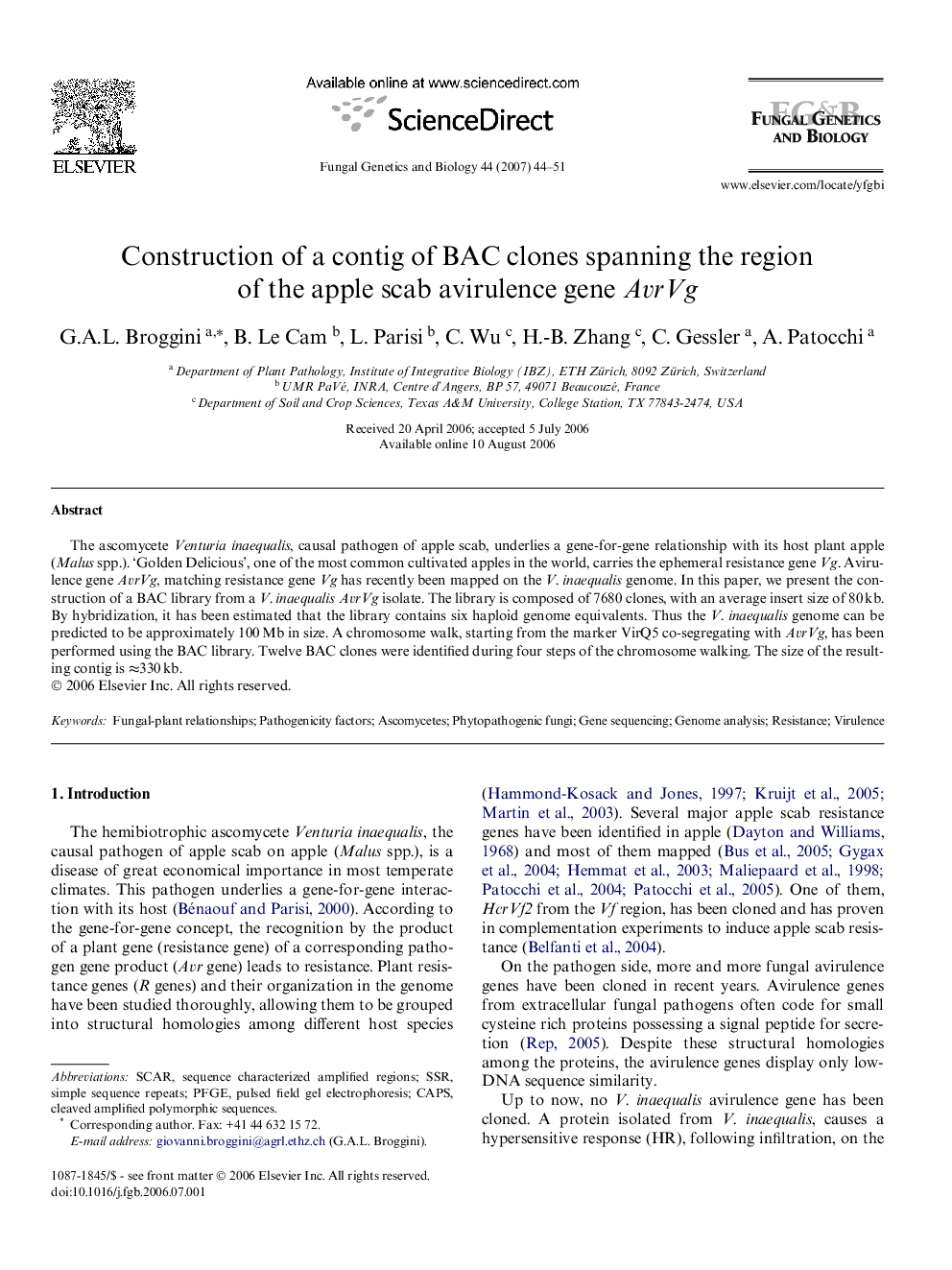 Construction of a contig of BAC clones spanning the region of the apple scab avirulence gene AvrVg