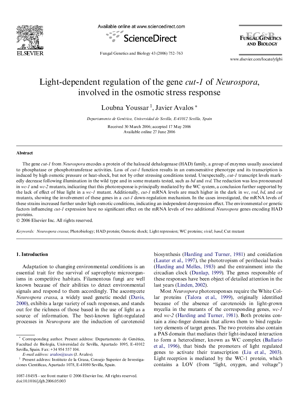 Light-dependent regulation of the gene cut-1 of Neurospora, involved in the osmotic stress response