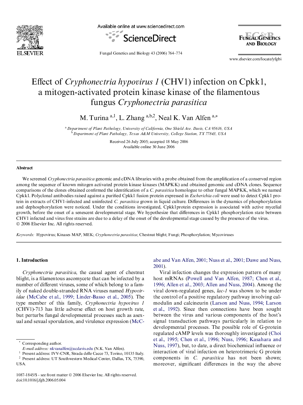 Effect of Cryphonectria hypovirus 1 (CHV1) infection on Cpkk1, a mitogen-activated protein kinase kinase of the filamentous fungus Cryphonectria parasitica