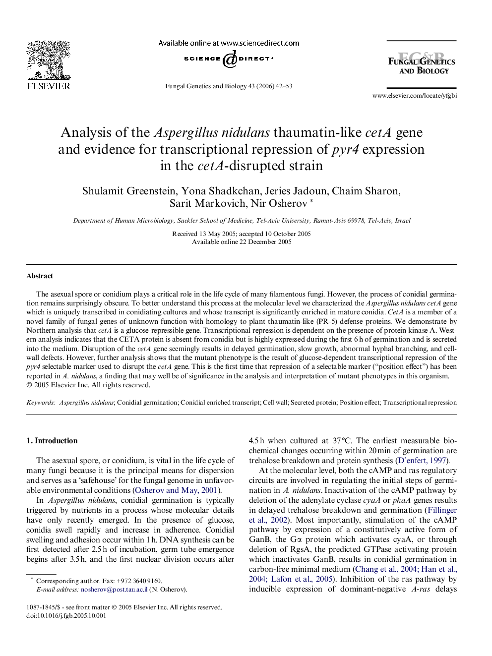 Analysis of the Aspergillus nidulans thaumatin-like cetA gene and evidence for transcriptional repression of pyr4 expression in the cetA-disrupted strain