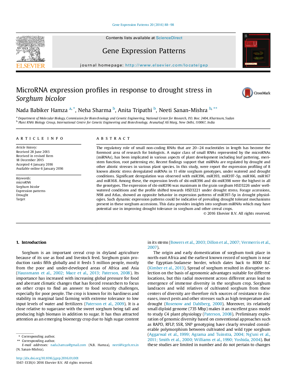 MicroRNA expression profiles in response to drought stress in Sorghum bicolor