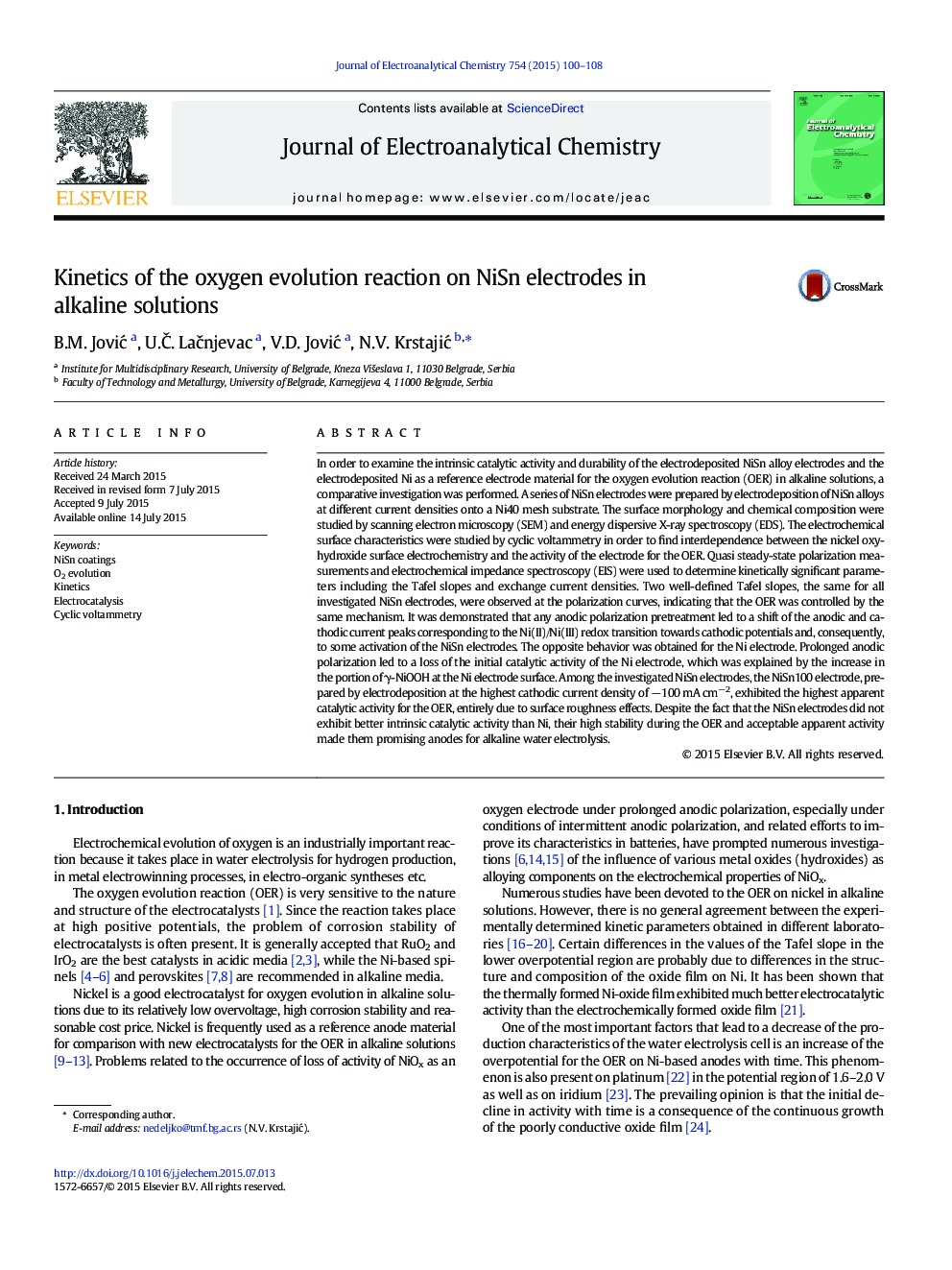 Kinetics of the oxygen evolution reaction on NiSn electrodes in alkaline solutions