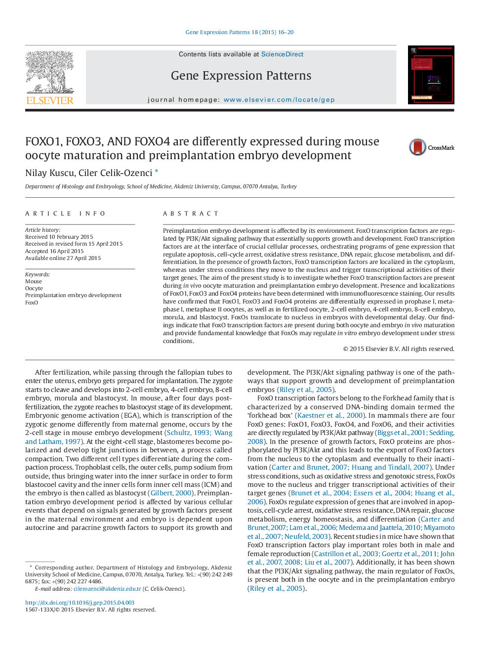 FOXO1, FOXO3, AND FOXO4 are differently expressed during mouse oocyte maturation and preimplantation embryo development