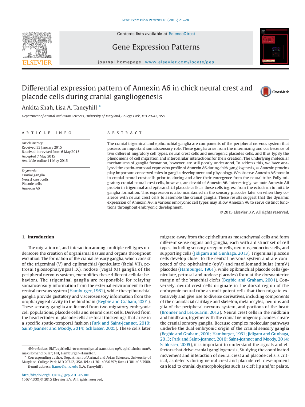 عکس صفحه اول مقاله: Differential expression pattern of Annexin A6 in chick neural crest and placode cells during cranial gangliogenesis Differential expression pattern of Annexin A6 in chick neural crest and placode cells during cranial gangliogenesis