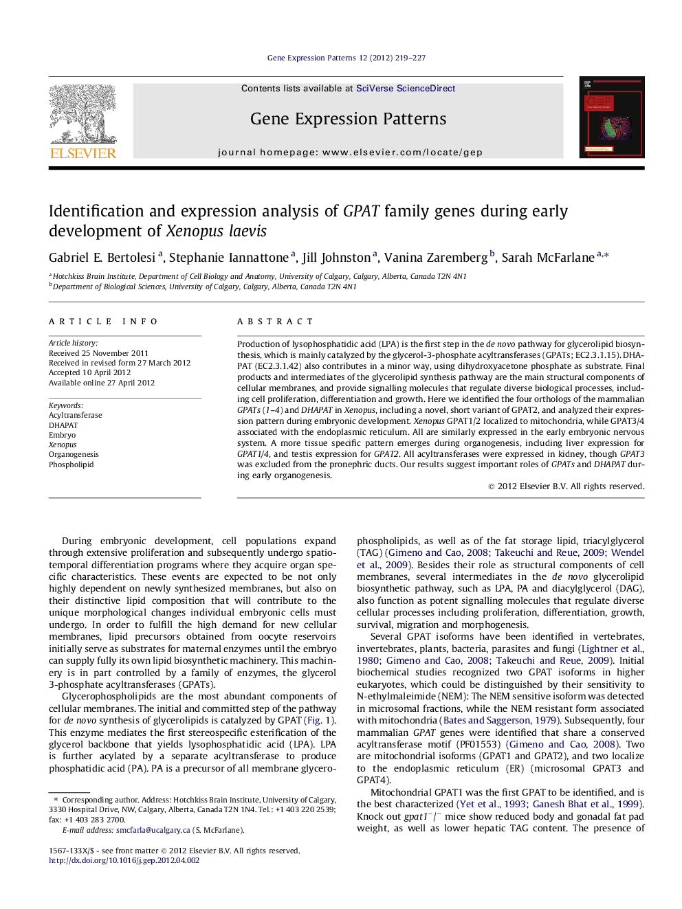 Identification and expression analysis of GPAT family genes during early development of Xenopus laevis