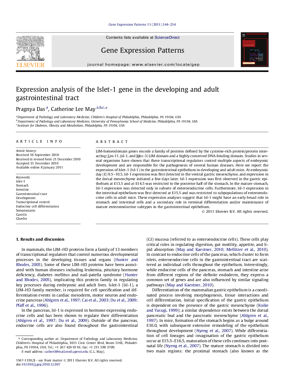 Expression analysis of the Islet-1 gene in the developing and adult gastrointestinal tract