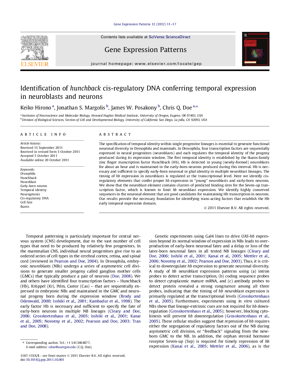 Identification of hunchback cis-regulatory DNA conferring temporal expression in neuroblasts and neurons