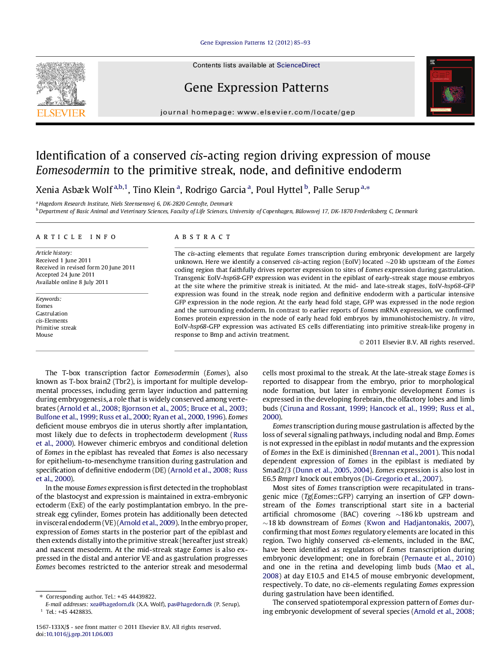 Identification of a conserved cis-acting region driving expression of mouse Eomesodermin to the primitive streak, node, and definitive endoderm