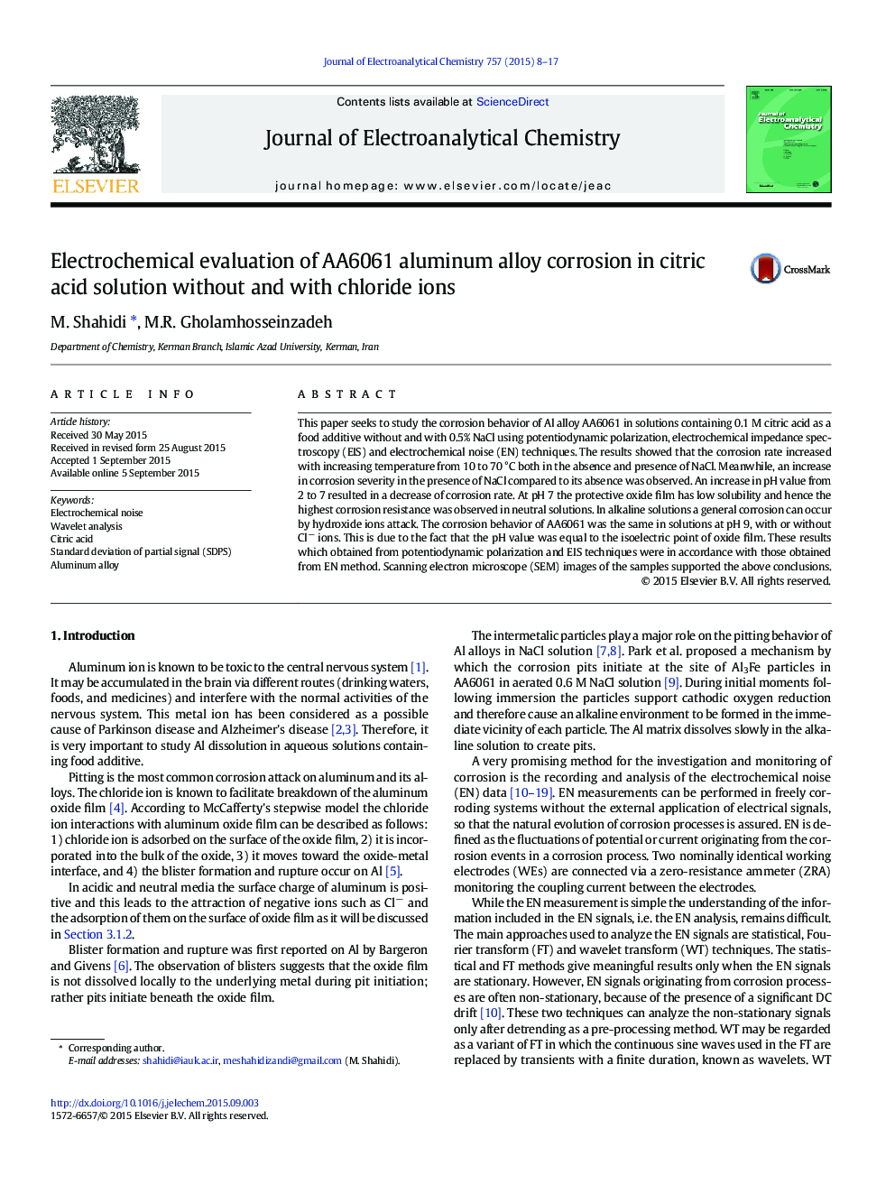 Electrochemical evaluation of AA6061 aluminum alloy corrosion in citric acid solution without and with chloride ions