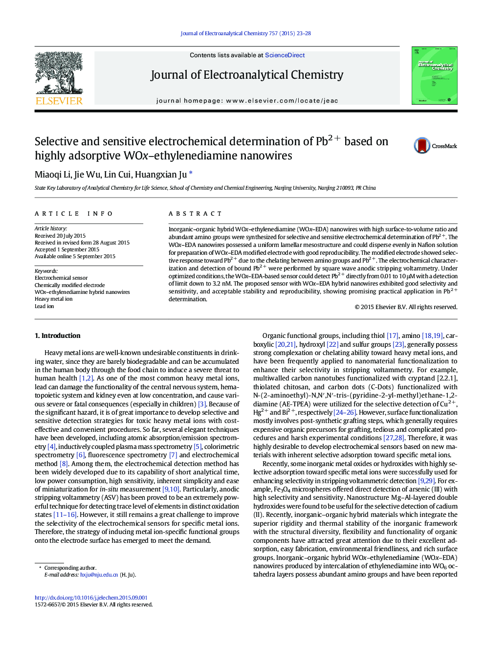 Selective and sensitive electrochemical determination of Pb2 + based on highly adsorptive WOx–ethylenediamine nanowires