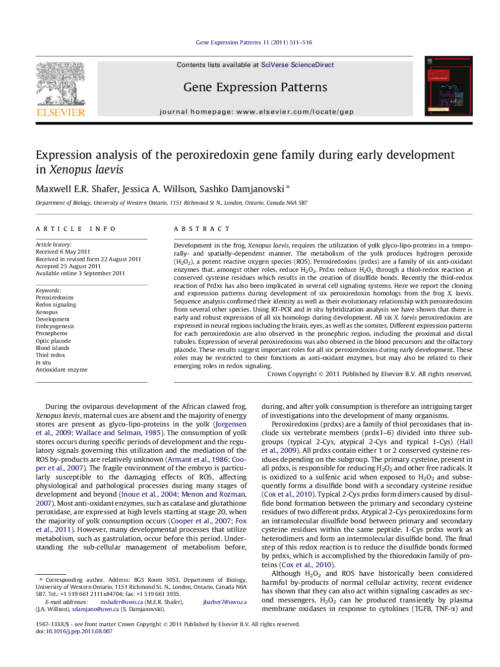 Expression analysis of the peroxiredoxin gene family during early development in Xenopus laevis