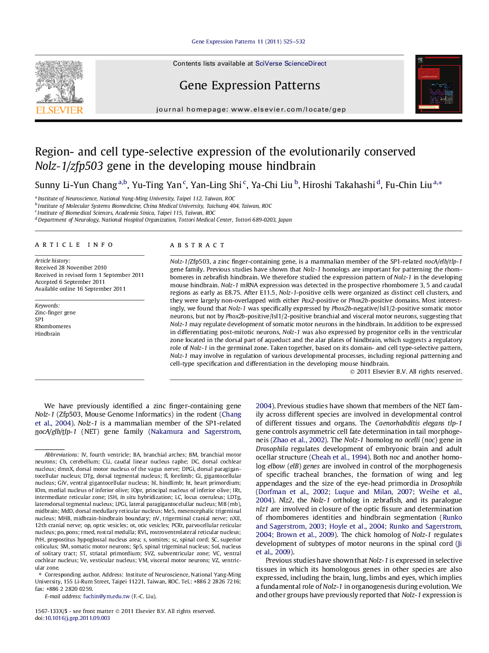 Region- and cell type-selective expression of the evolutionarily conserved Nolz-1/zfp503 gene in the developing mouse hindbrain