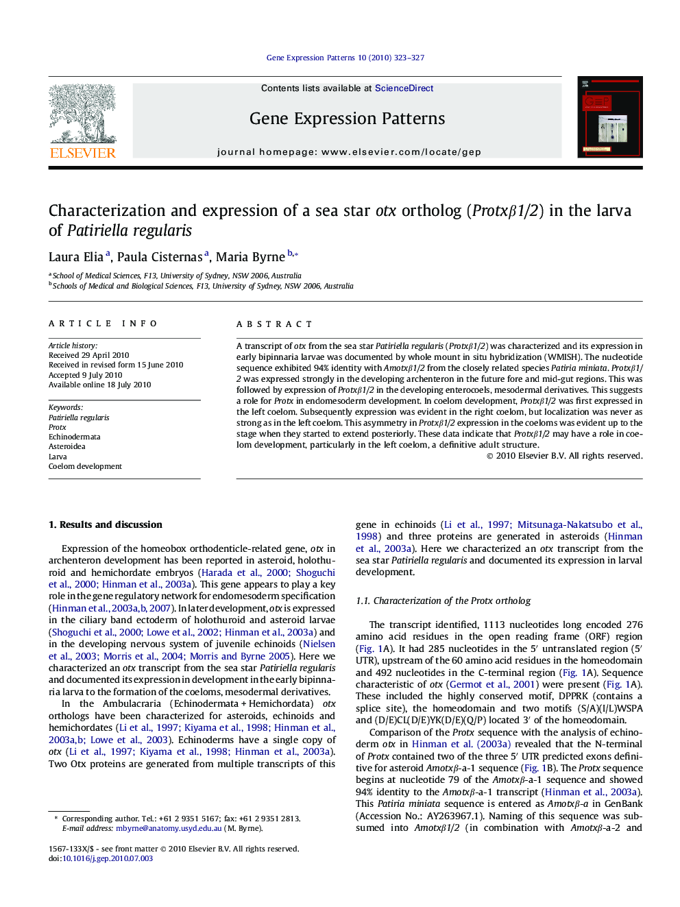 Characterization and expression of a sea star otx ortholog (Protxβ1/2) in the larva of Patiriella regularis