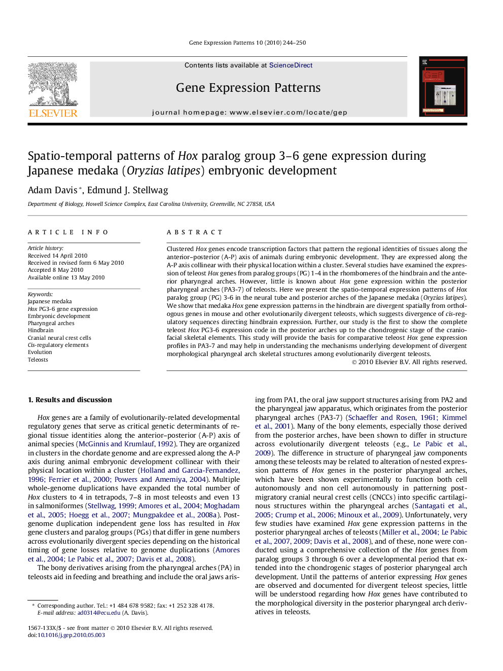 عکس صفحه اول مقاله: Spatio-temporal patterns of Hox paralog group 3–6 gene expression during Japanese medaka (Oryzias latipes) embryonic development Spatio-temporal patterns of Hox paralog group 3–6 gene expression during Japanese medaka (Oryzias latipes) embryonic development