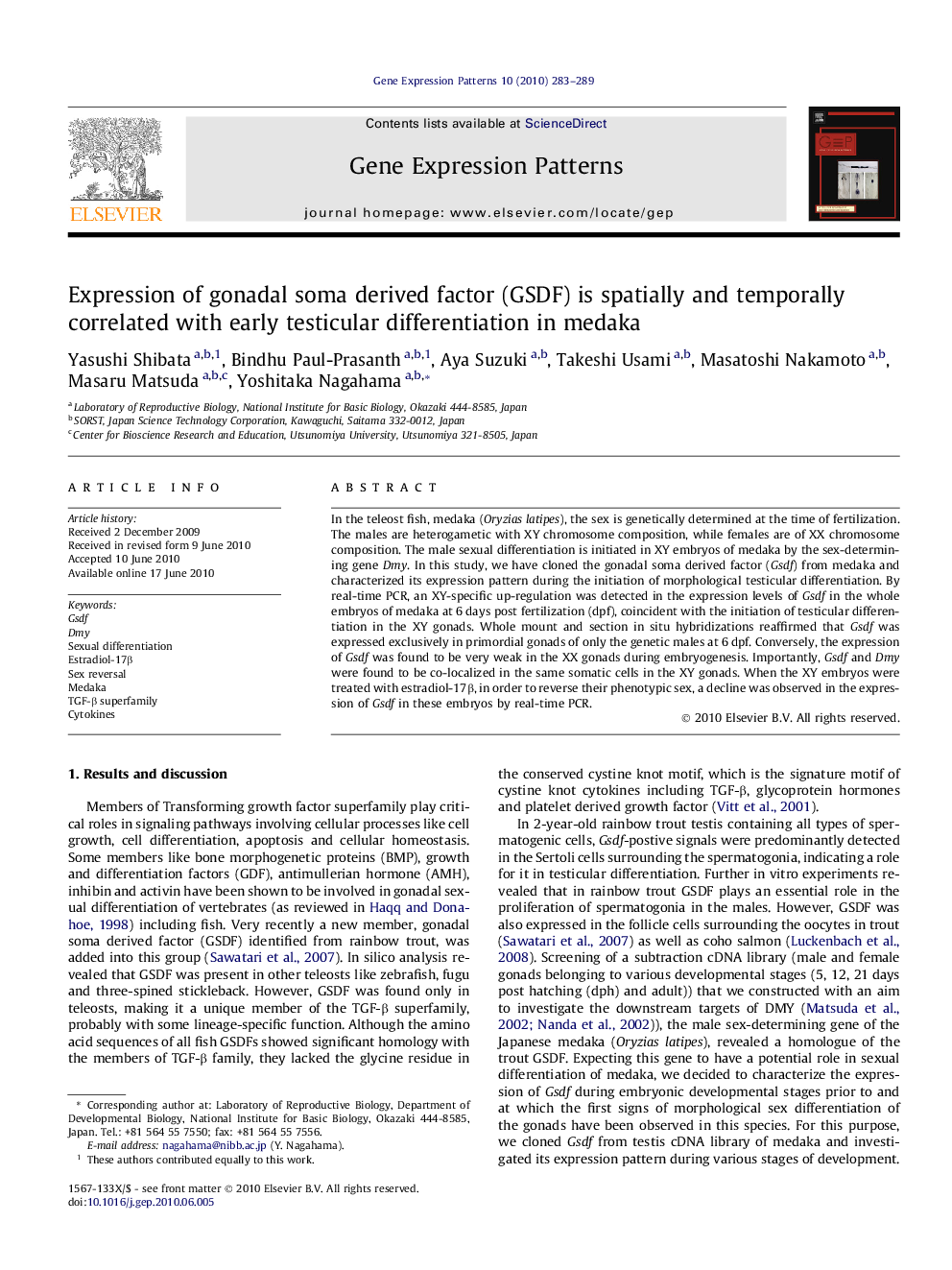 Expression of gonadal soma derived factor (GSDF) is spatially and temporally correlated with early testicular differentiation in medaka