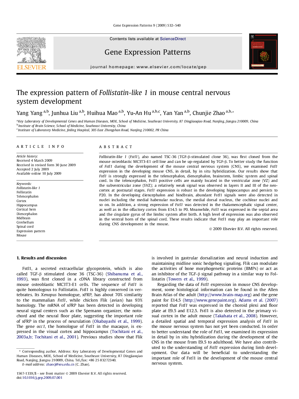 The expression pattern of Follistatin-like 1 in mouse central nervous system development