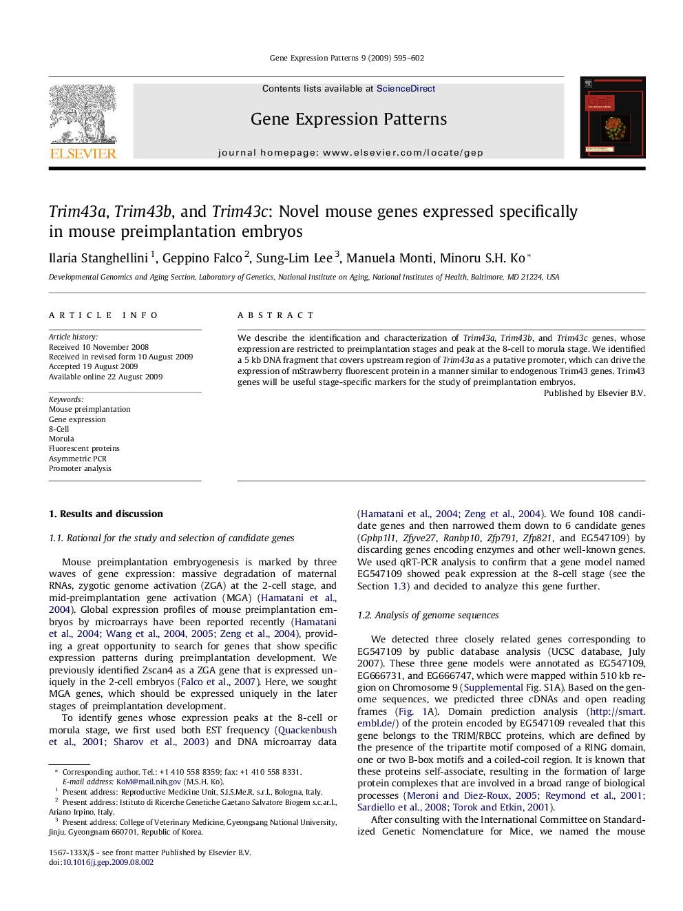 Trim43a, Trim43b, and Trim43c: Novel mouse genes expressed specifically in mouse preimplantation embryos